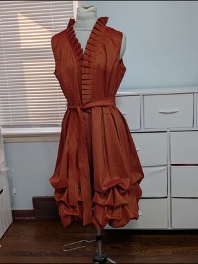 Samuel Dong Rust Sleeveless V-Neck Bubble Hem Midi Sienna Orange Dress Size L